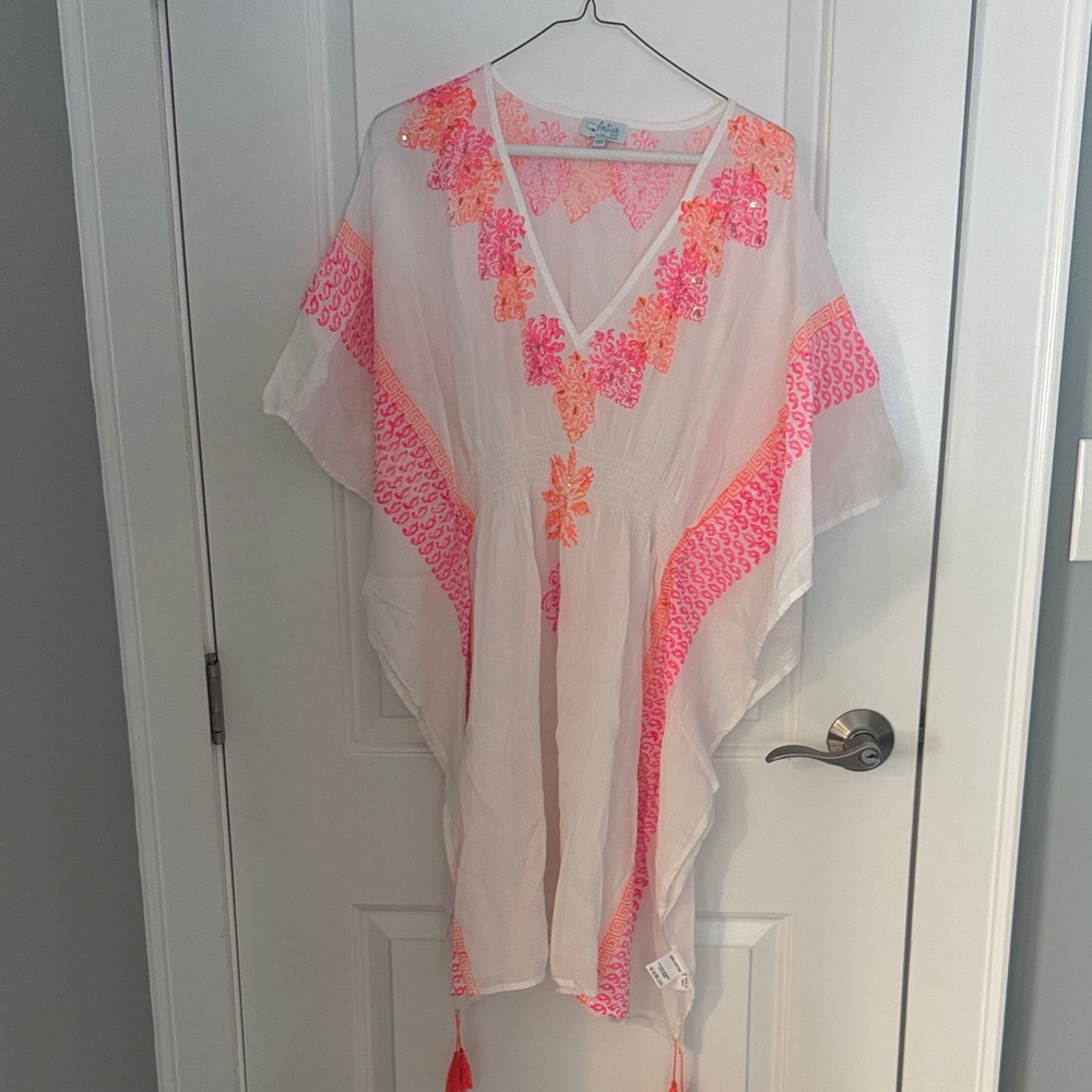 Chic White and Pink Embroidered Swim Cover-Up